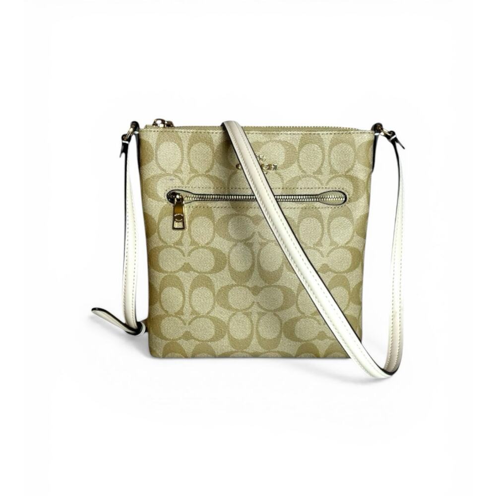 Coach Mini Rowan File Bag Signature Canvas Khaki Chalk Crossbody EUC